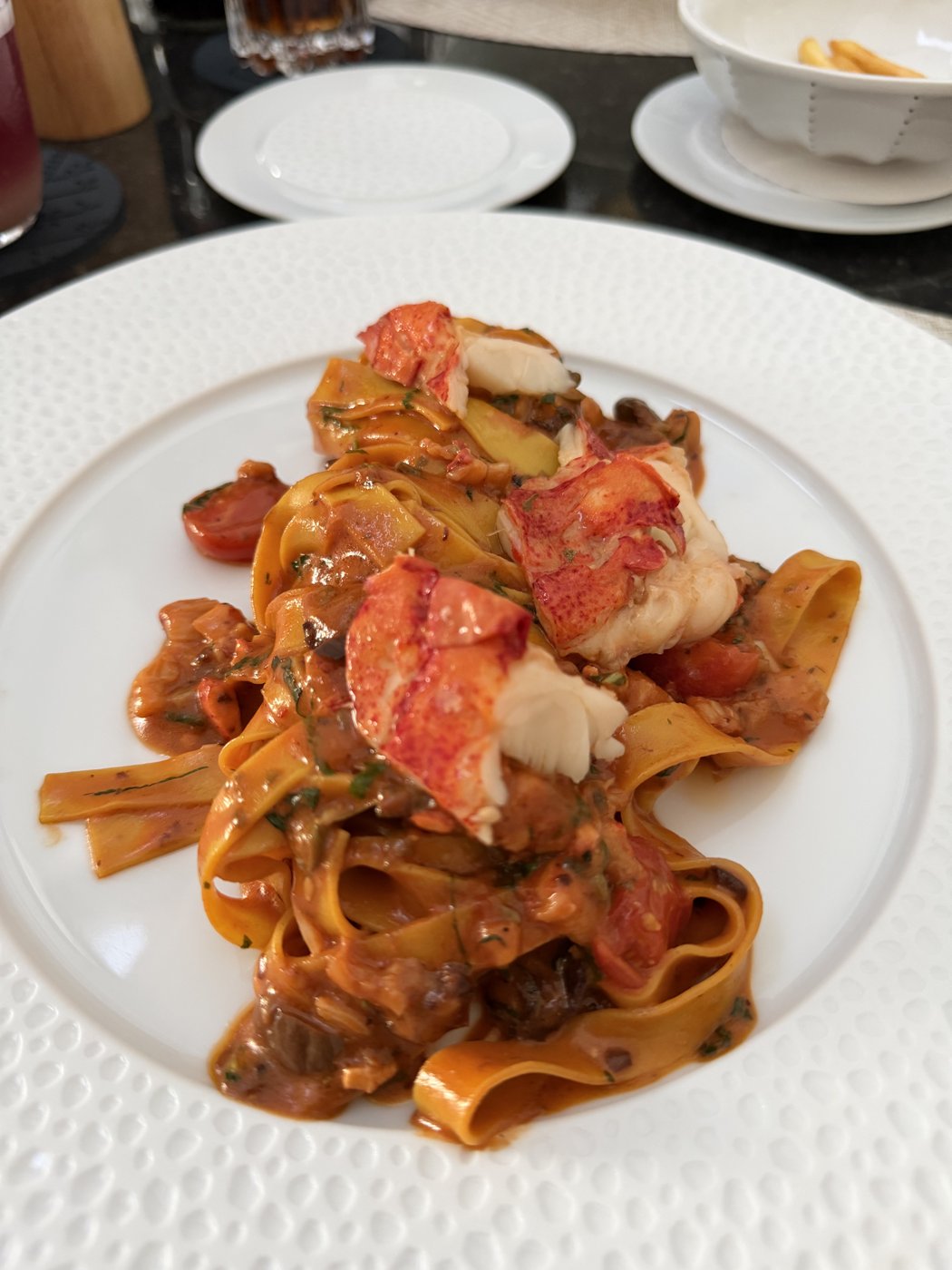 Seafood pasta, overhead shot